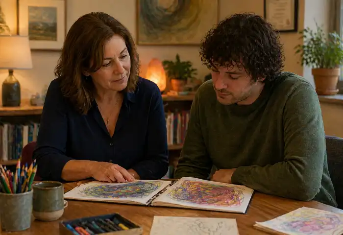 art therapy session therapist and patient drawing