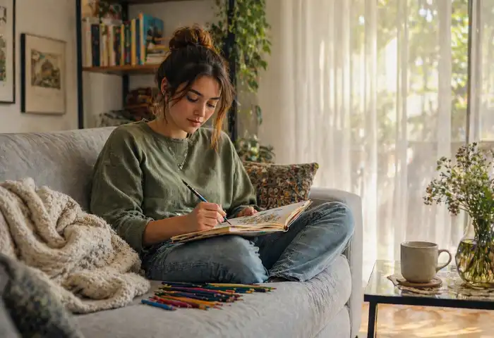 woman drawing in journal stress relief calm