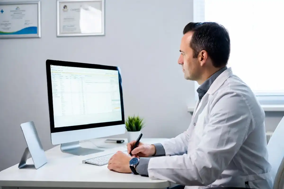 Licensed doctor reviewing an online patient form for Amble Health GLP-1 prescription