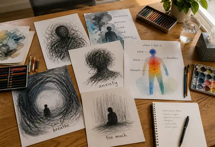 art therapy session with anxiety drawings spread across wooden table