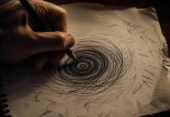 mental health drawings anxiety showing dark spiral pressed into white paper