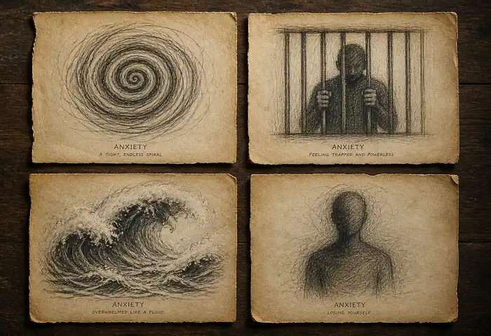common symbols in mental health drawings anxiety art including spirals cages and waves