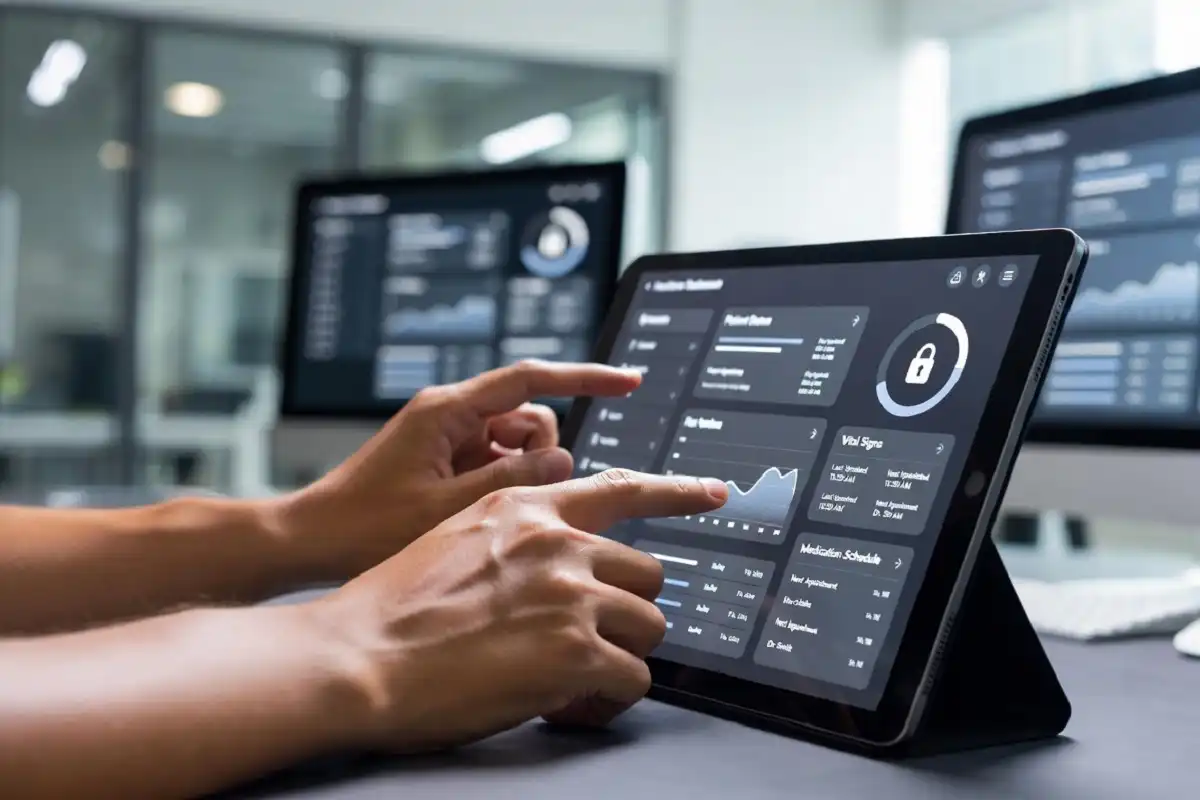 Hands using a tablet showing a digital healthcare authorization dashboard