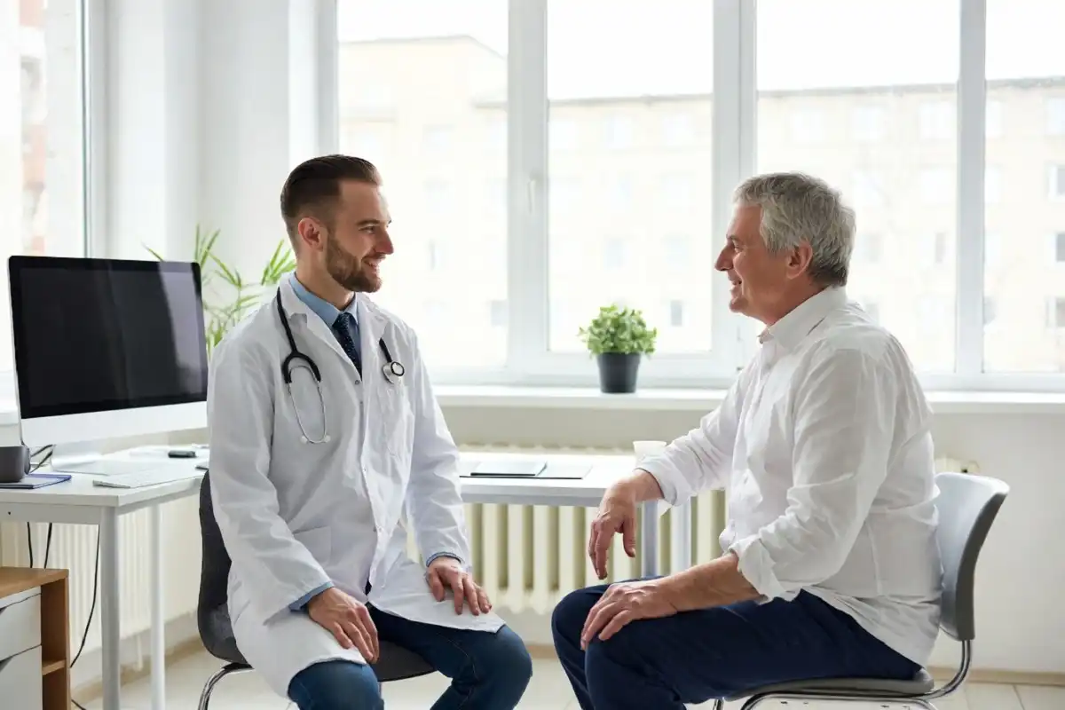 Doctor and patient discussing a care plan in a bright consultation room