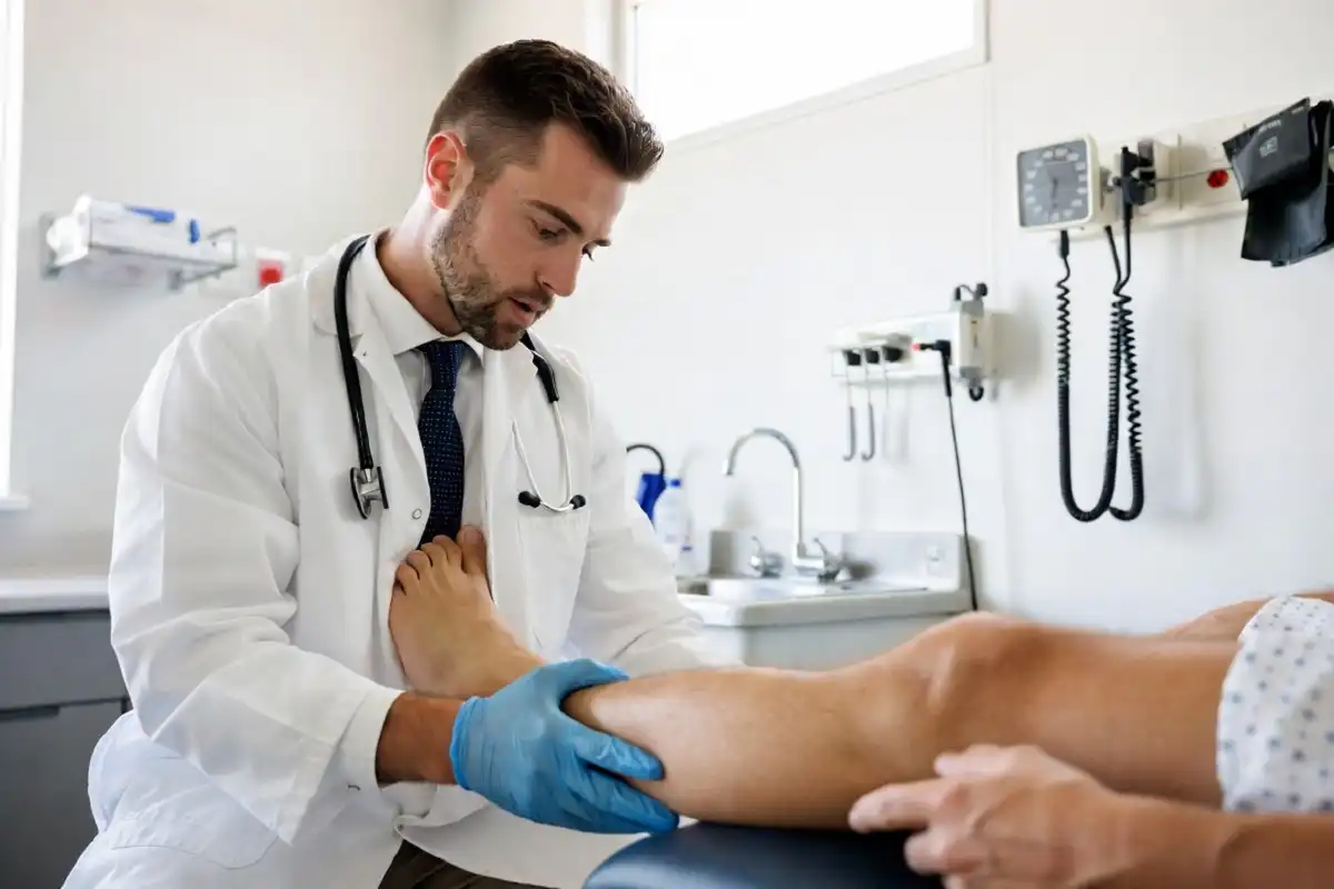 A sports medicine professional reviewing an athlete's lower limb health in a clinical setting