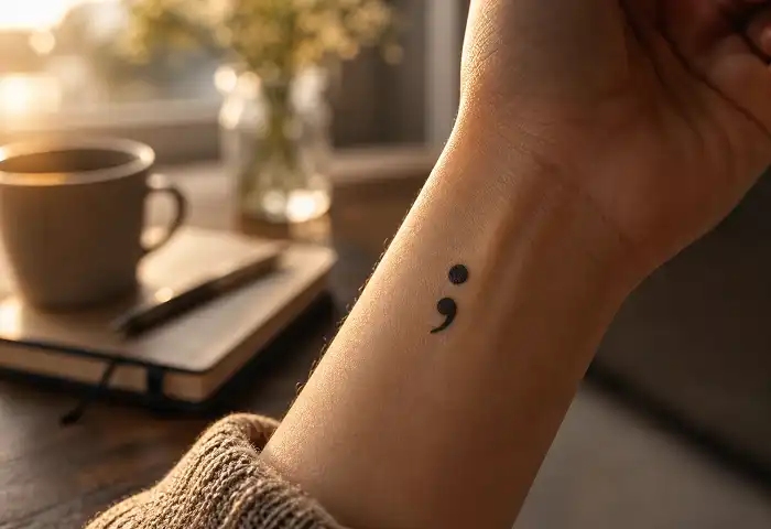 depression survivor mental health tattoos semicolon wrist close-up
