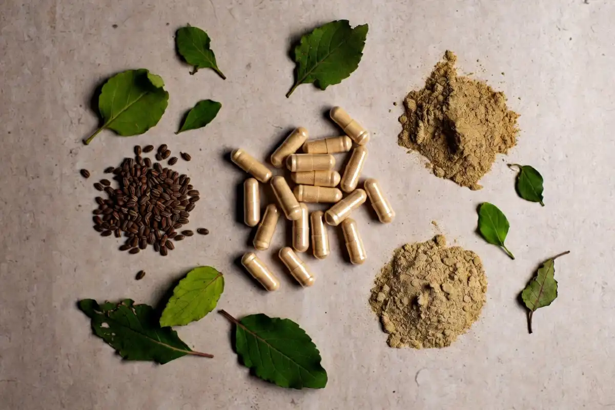 Close-up of supplement capsules and natural ingredients representing designs for health quality standards