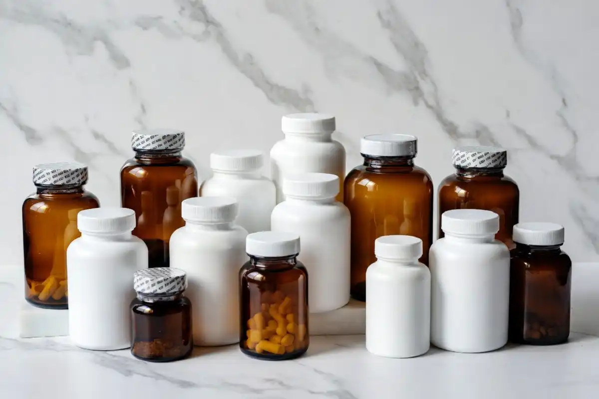 A clean display of designs for health supplement bottles on a white surface