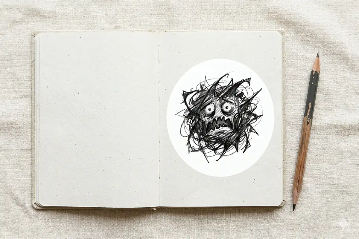 Abstract drawing of anxiety as a creature on paper