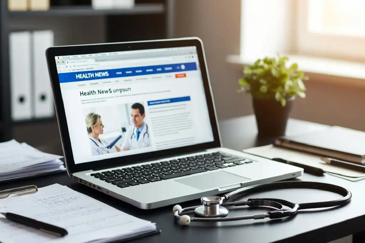 Modern newsroom desk with laptop showing health news coverage and a stethoscope beside a notepad