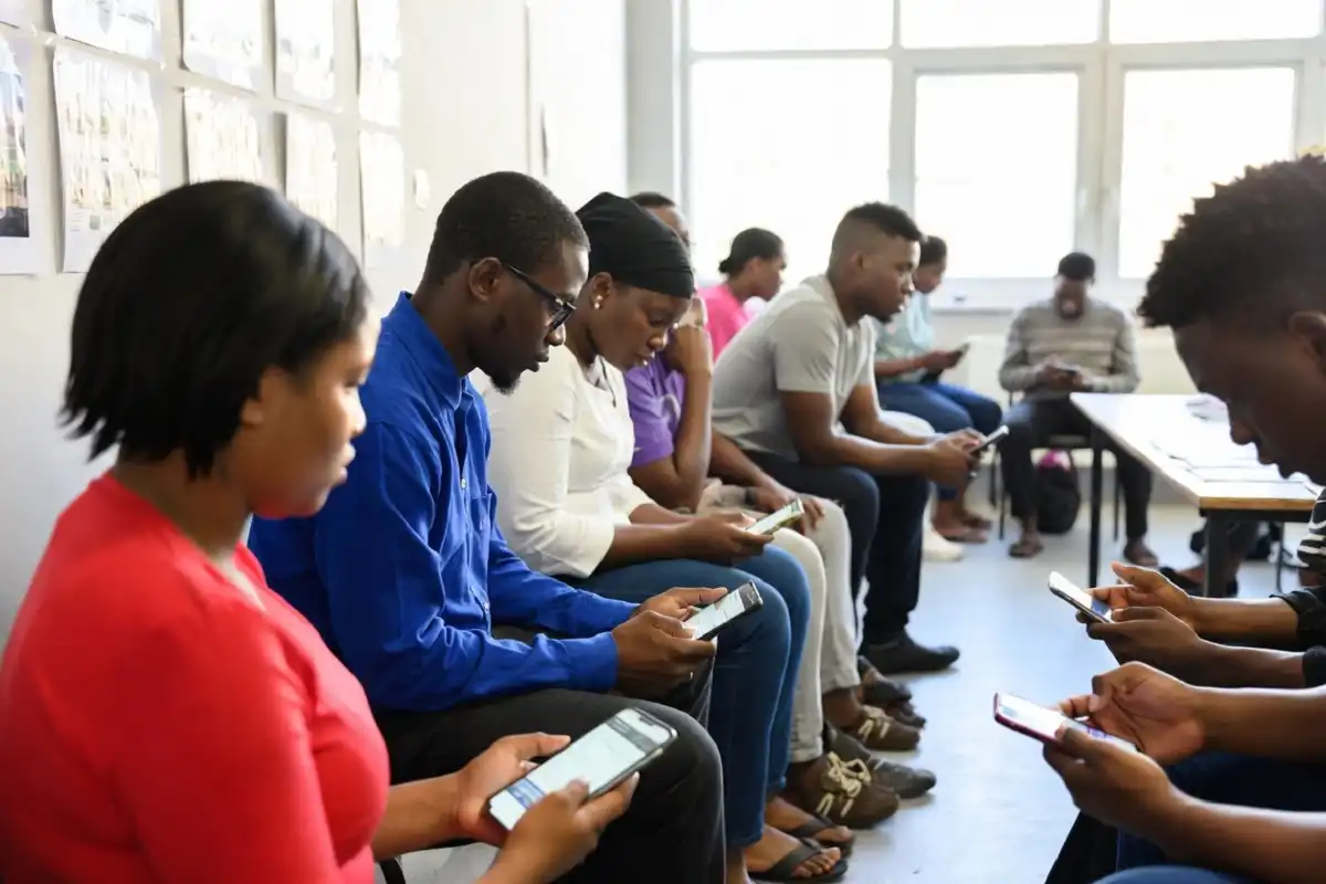 Diverse group of people reading health news on phones and tablets in a bright community setting