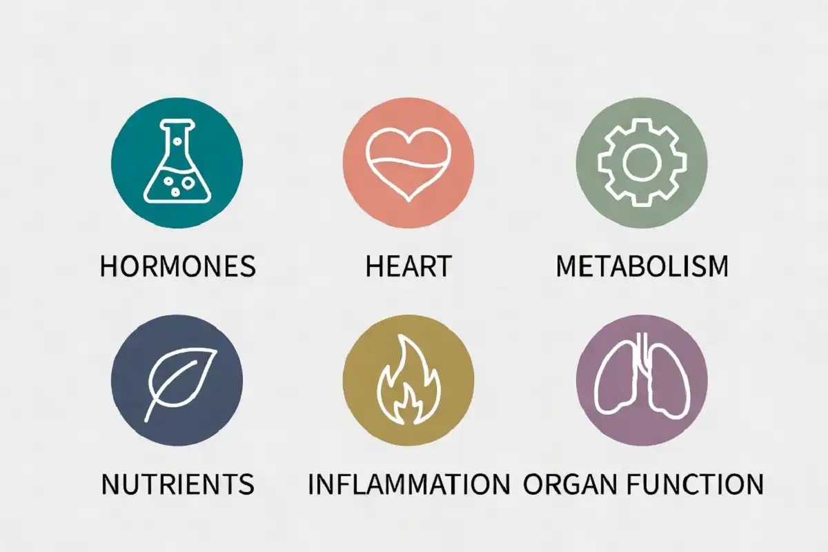 Infographic showing the categories of biomarkers tested by Function Health including hormones, cardiovascular, metabolic and nutrients