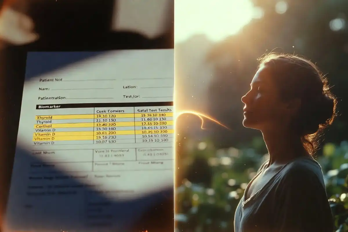 Split image showing physical health biomarkers on one side and mental wellness symbols on the other, representing the mind-body connection in Function Health