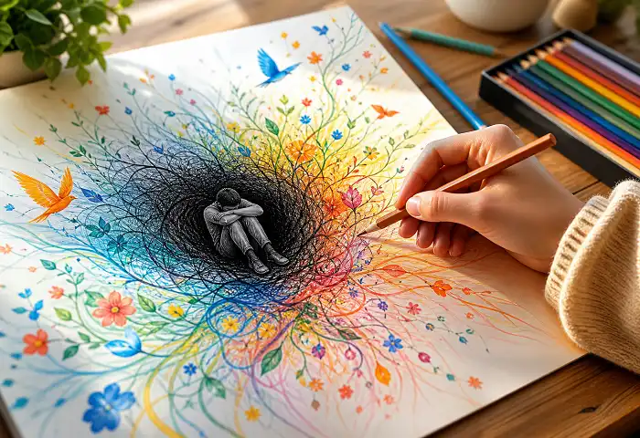 colorful mental health drawings anxiety healing art with warm and cool tones expanding outward