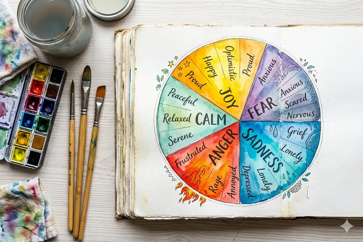 Colorful emotion wheel drawing in a mental health art journal