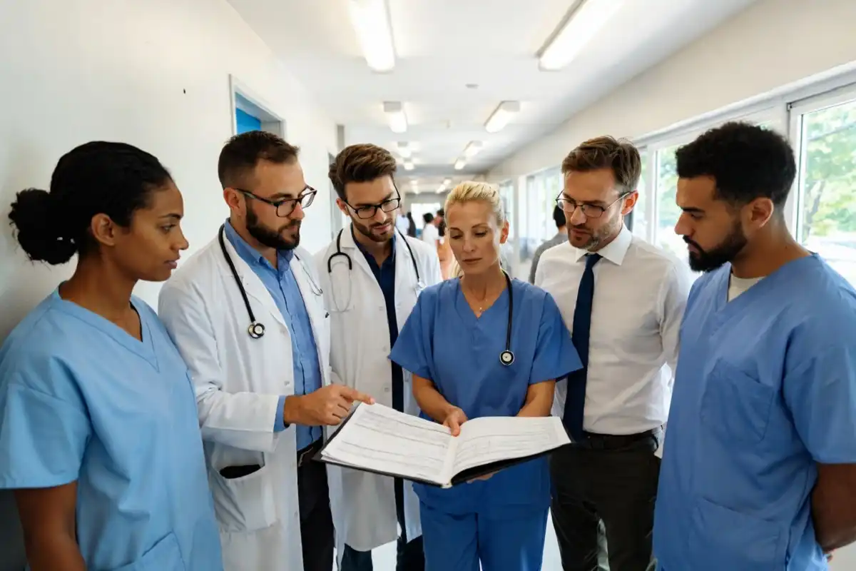 A group of health science professionals including doctors and nurses collaborating in a hospital hallway