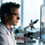 A health science professional reviewing medical research data in a modern laboratory setting