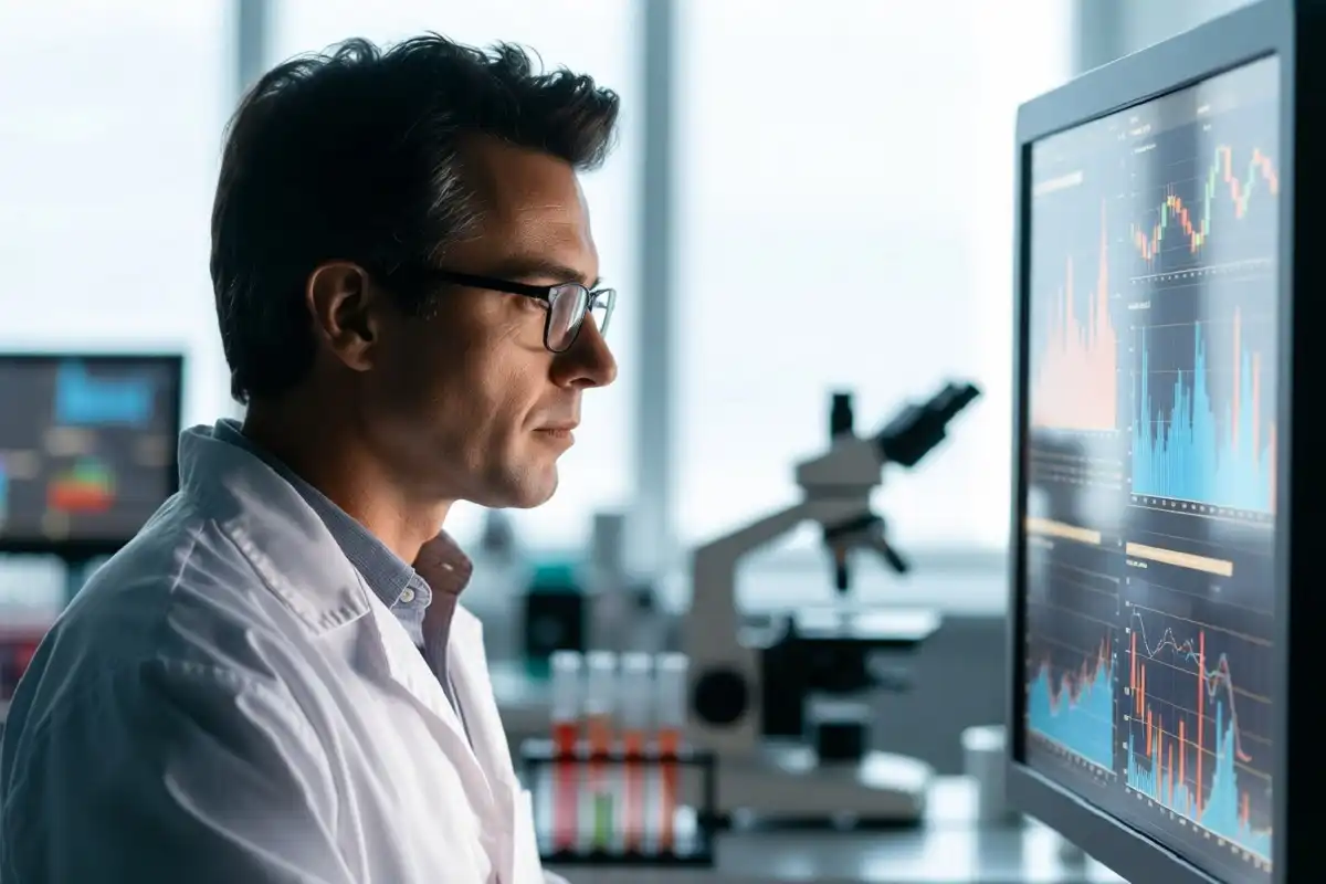 A health science professional reviewing medical research data in a modern laboratory setting