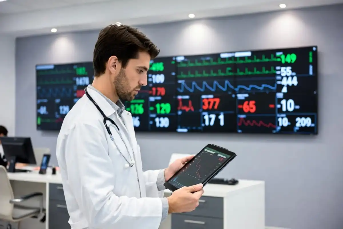 A doctor using a digital tablet to review a patient's health data in a modern clinical environment