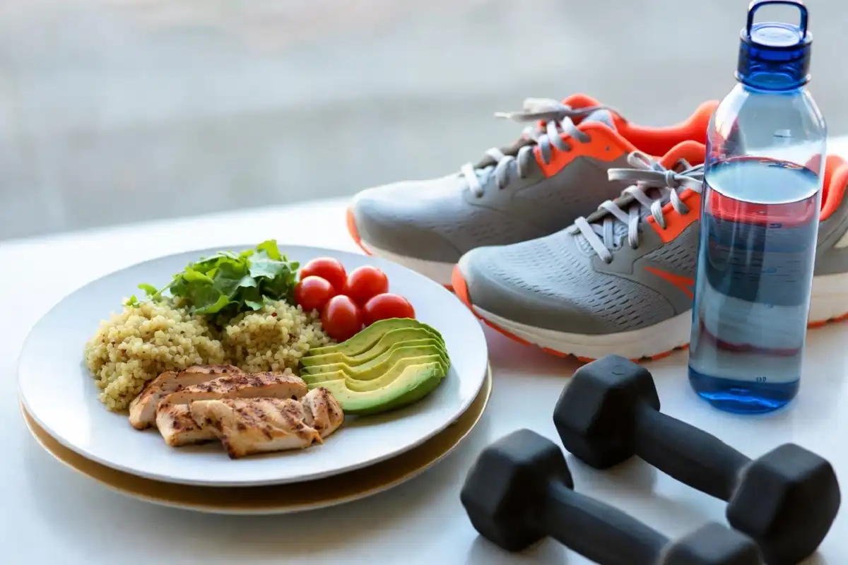 Balanced meal and exercise gear symbolizing healthy lifestyle