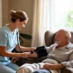Home health care nurse assisting a smiling elderly patient at home