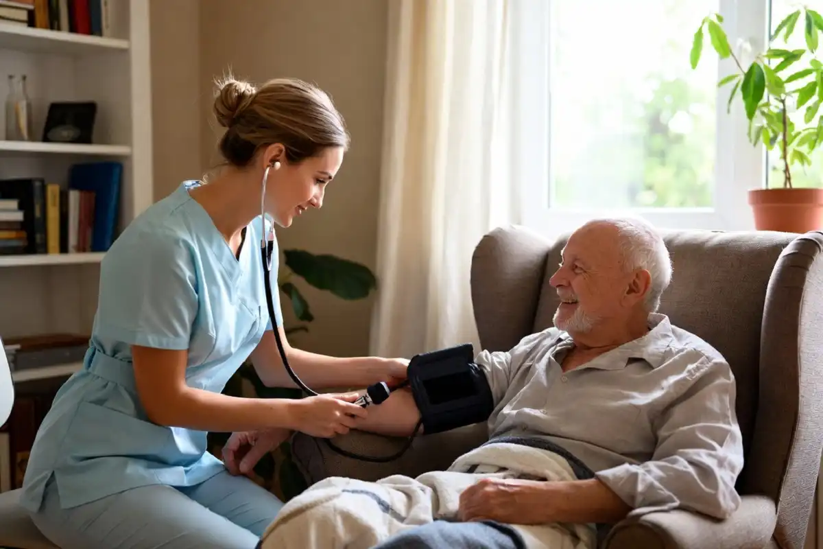 Home health care nurse assisting a smiling elderly patient at home