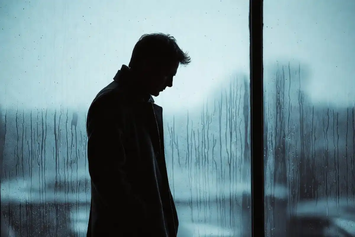Man looking out window showing signs of depression