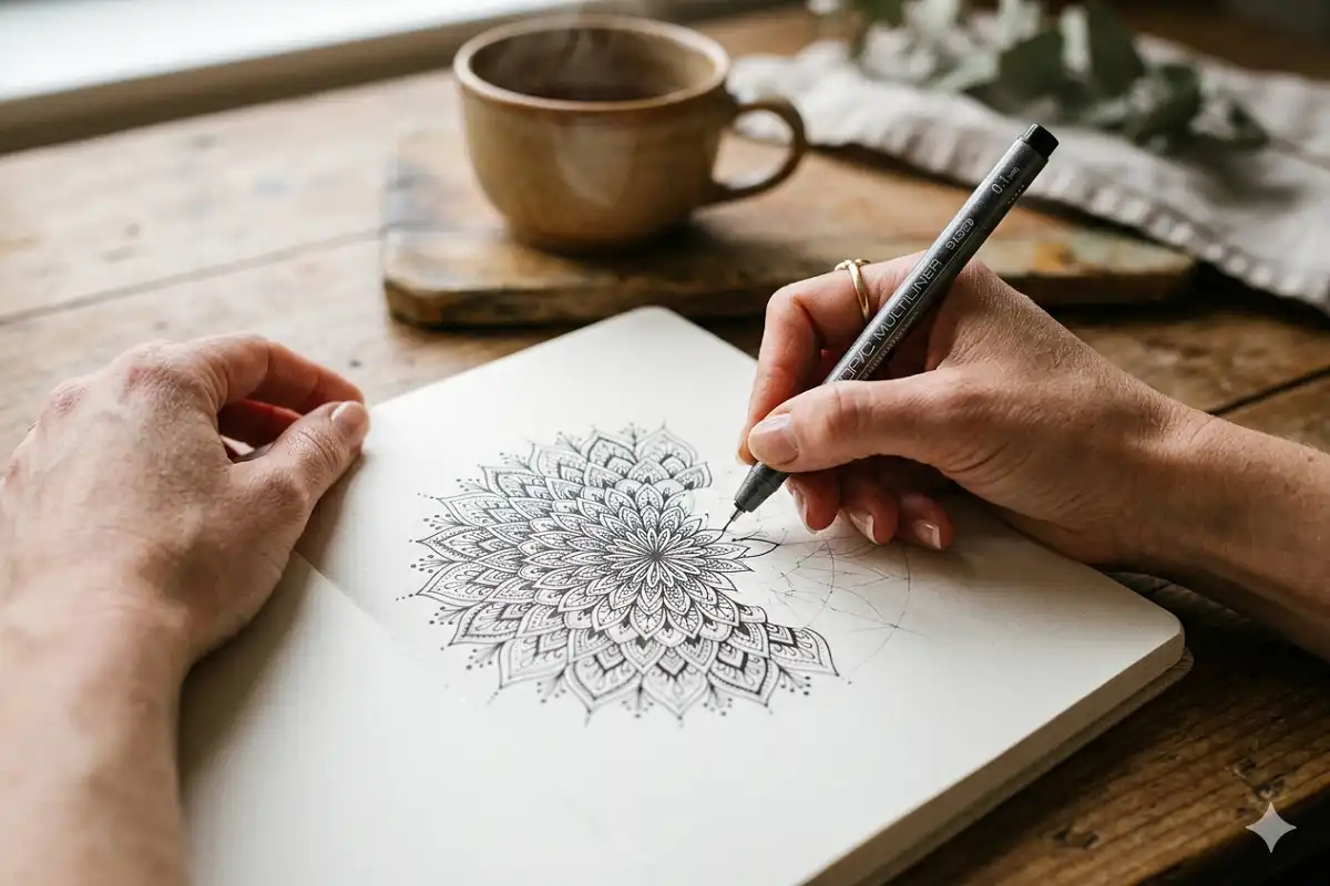 Hands drawing a mandala for mental health and mindfulness