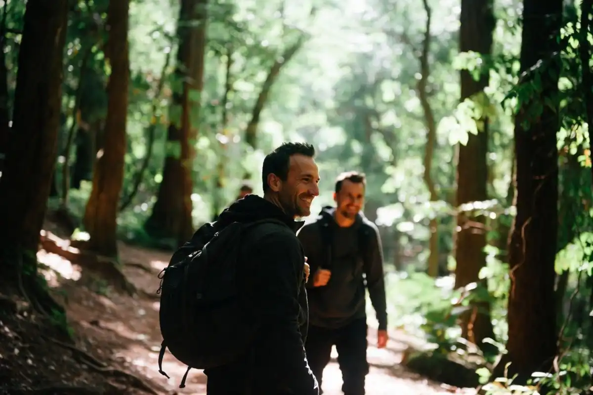 Father and son hiking outdoors for mental wellness