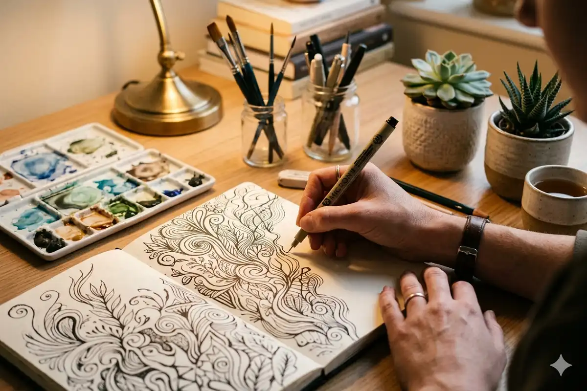 Person creating mental health awareness art at a desk with paint and drawings