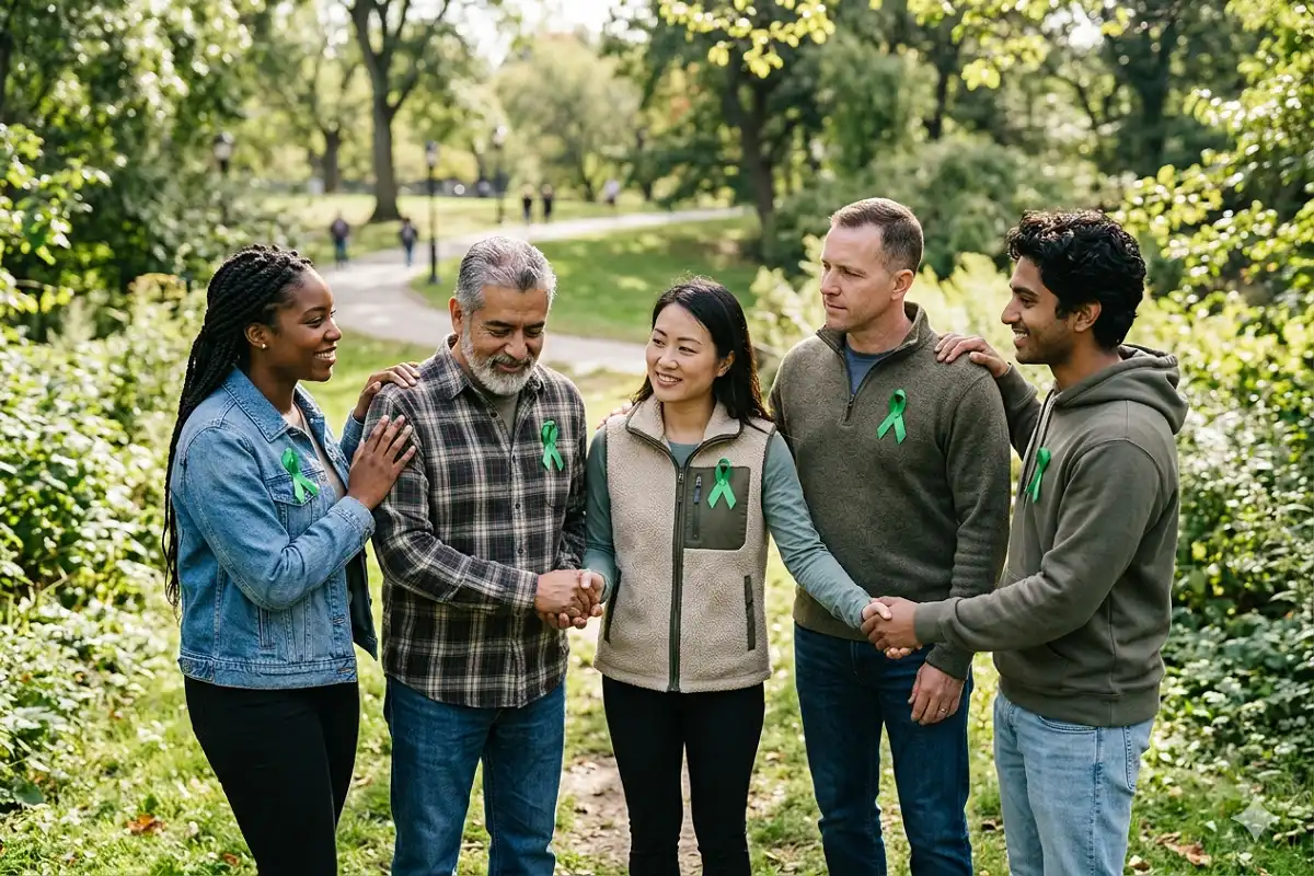 Group of diverse people holding hands in a circle symbolizing mental health awareness community support