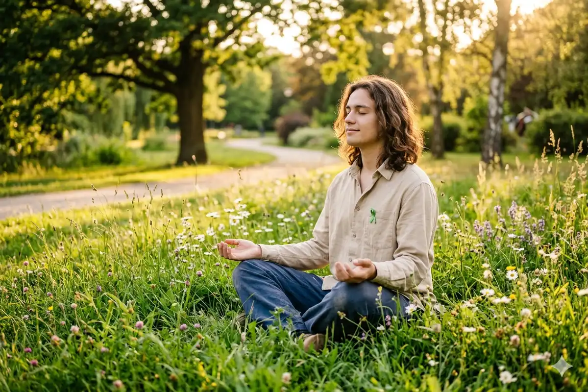 Person sitting peacefully in nature representing mental health awareness