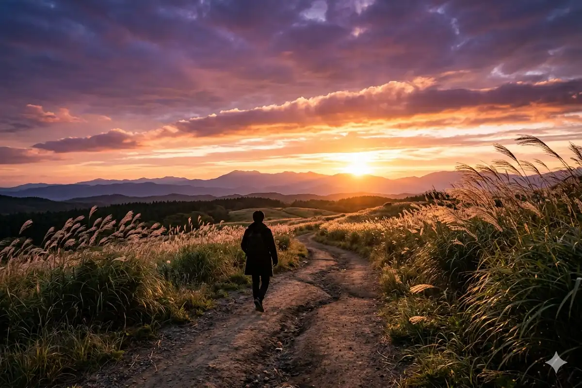 Person walking toward sunrise as a symbol of mental health awareness and hope