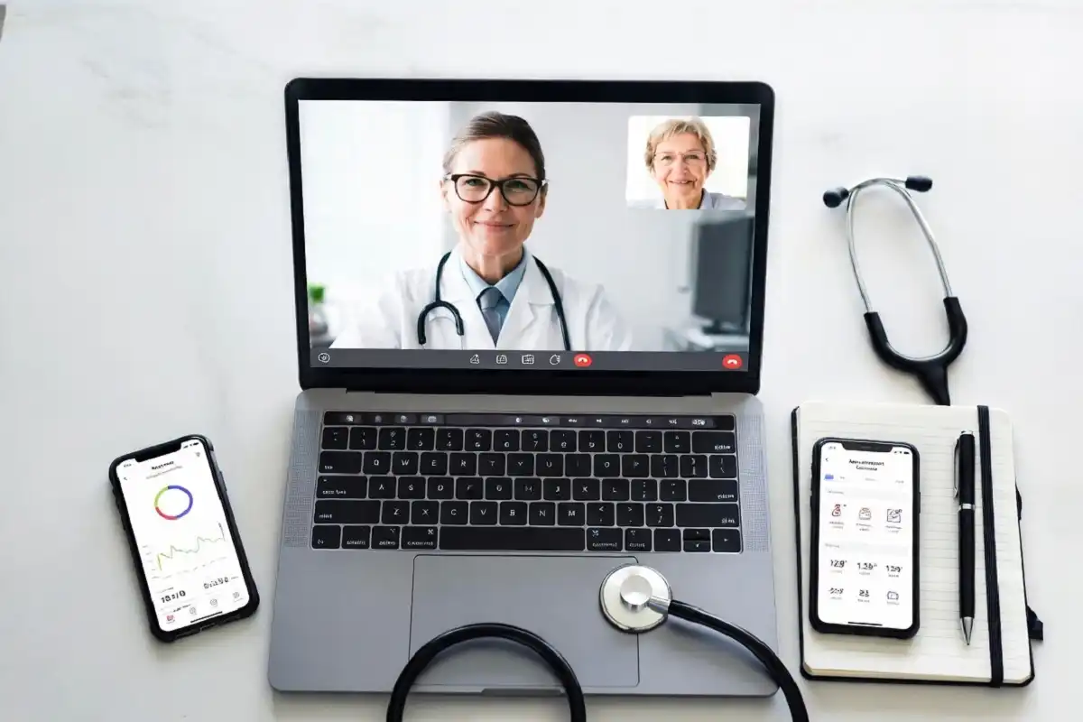 Midi Health virtual appointment interface on laptop and smartphone