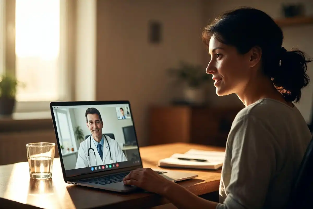 A patient having a virtual Mochi Health telehealth consultation with a licensed doctor on a laptop
