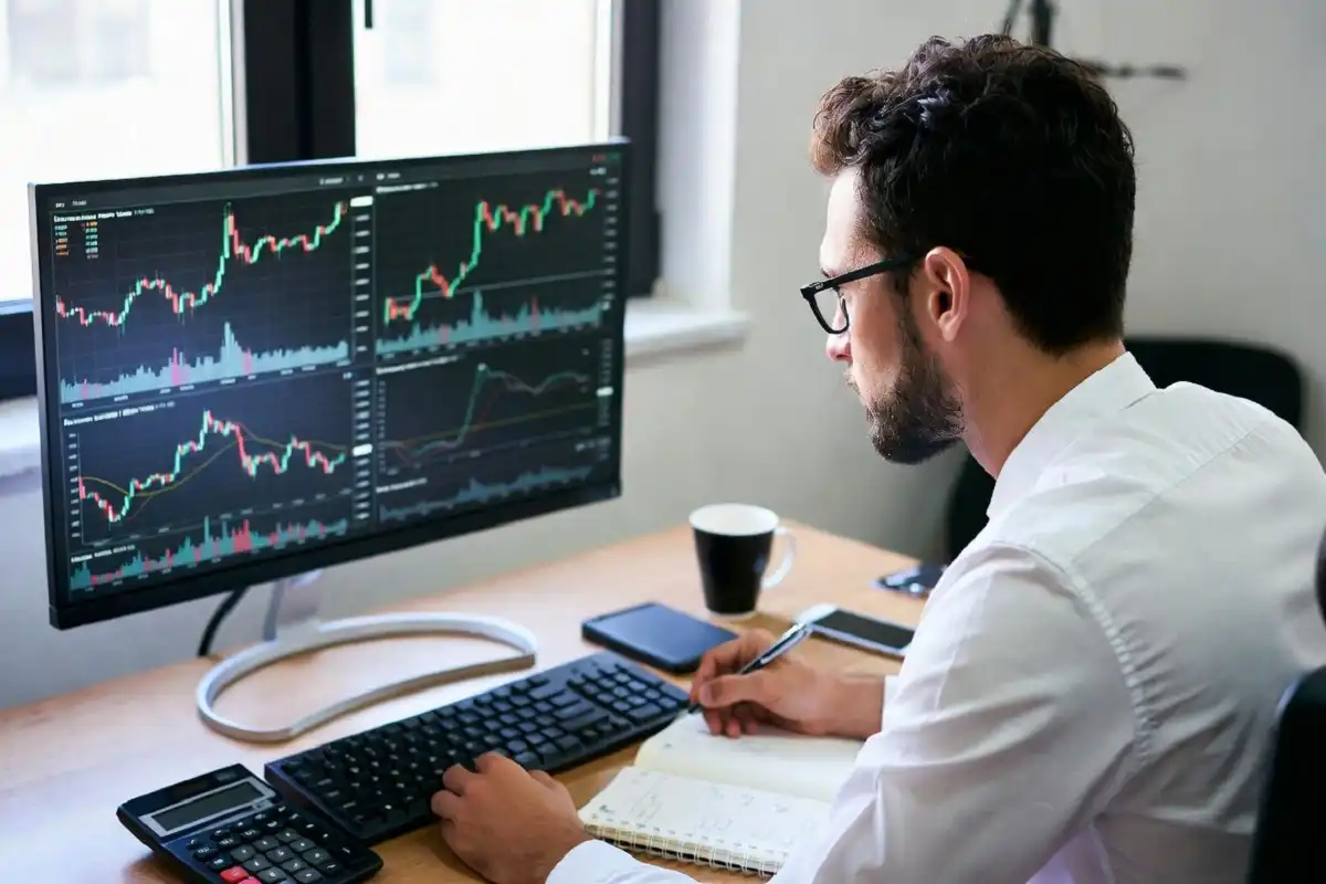 Investor researching a stock using charts and notes at a desk