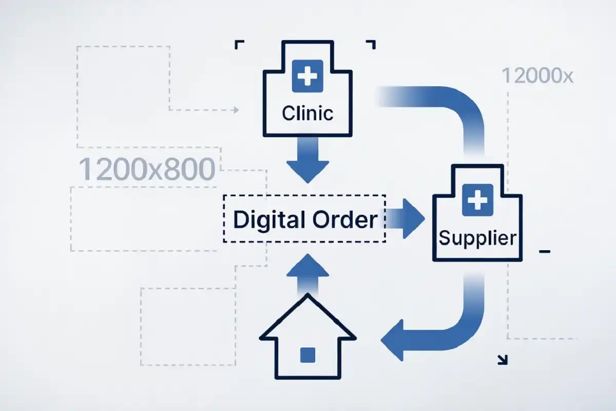 Digital workflow showing equipment order moving from clinic to supplier to patient