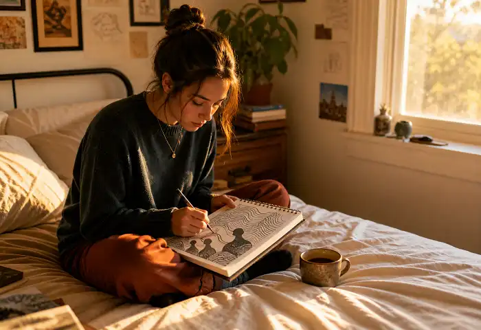 young woman creating mental health drawings anxiety art in a visual journal on her bed