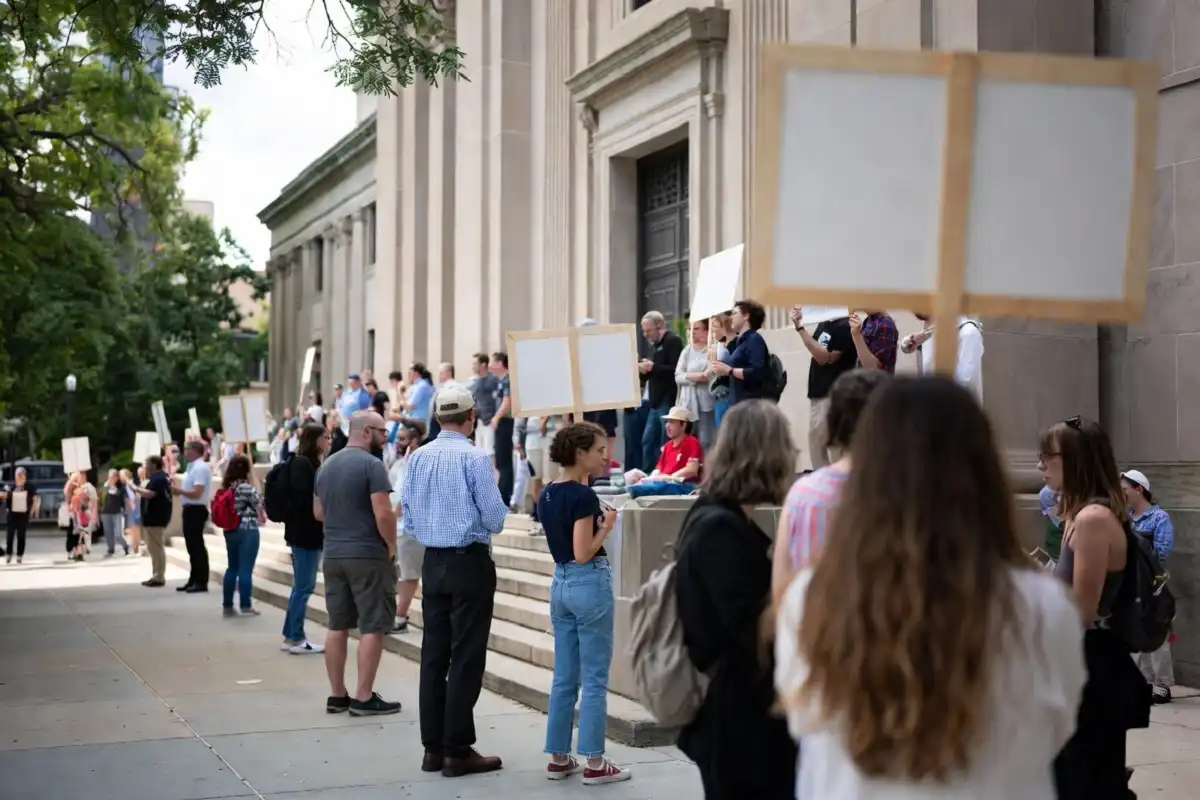 Supporters gathered outside a courthouse during a high-profile hearing
