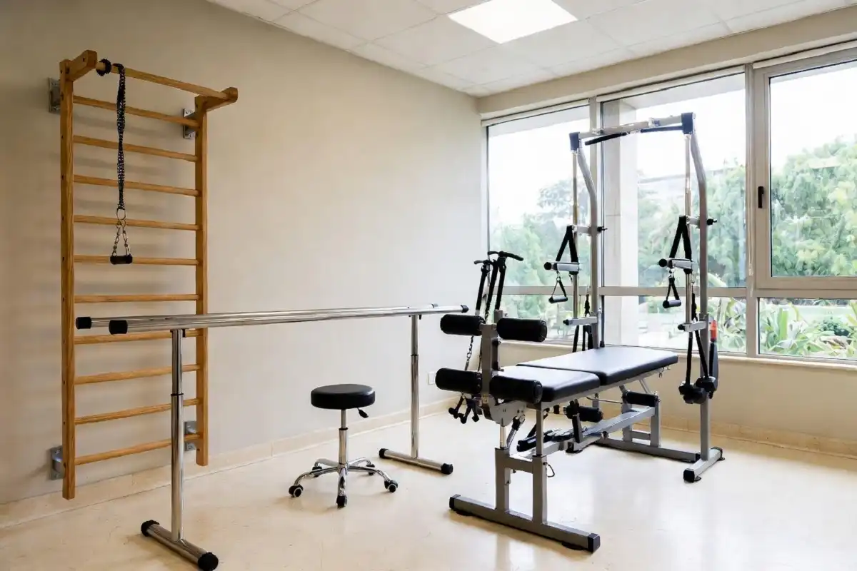 Physical therapy rehabilitation room representing the recovery process in the Randy Travis health story