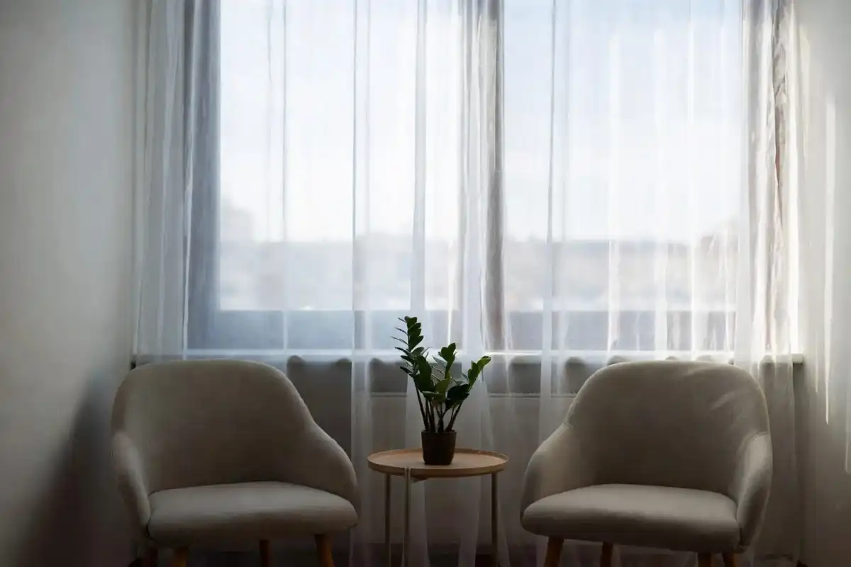 Calm therapy room with two chairs and natural light representing mental health counseling and support