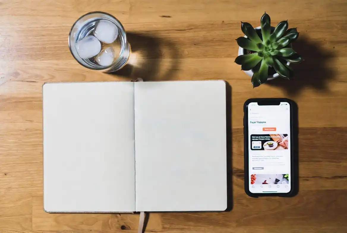 Wellness flat lay with journal, water, phone showing health content, and plant representing daily self-care habits