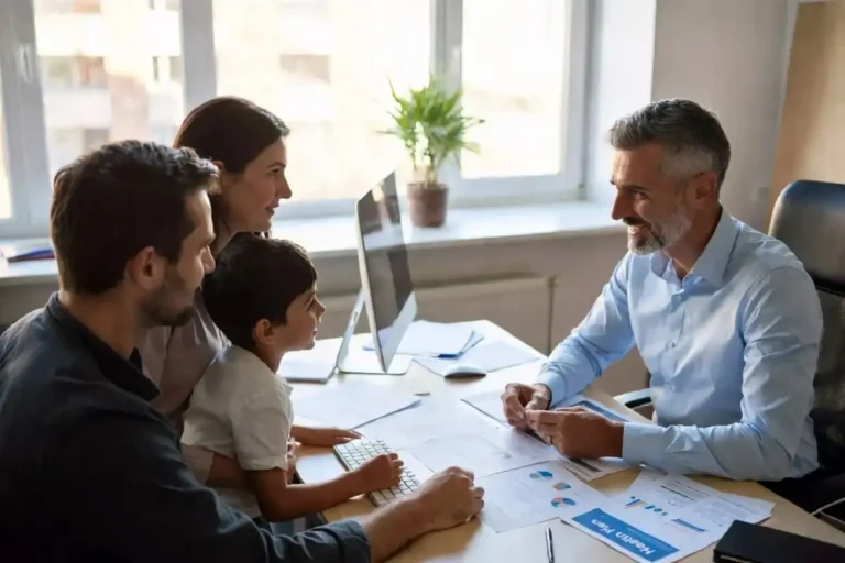 A smiling family sitting with a healthcare advisor reviewing Sunshine Health plan options
