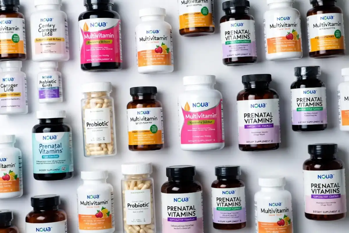 Different supplement categories arranged in a clean flat-lay
