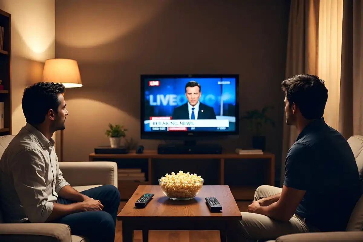 Fans watching a television broadcast with thoughtful expressions