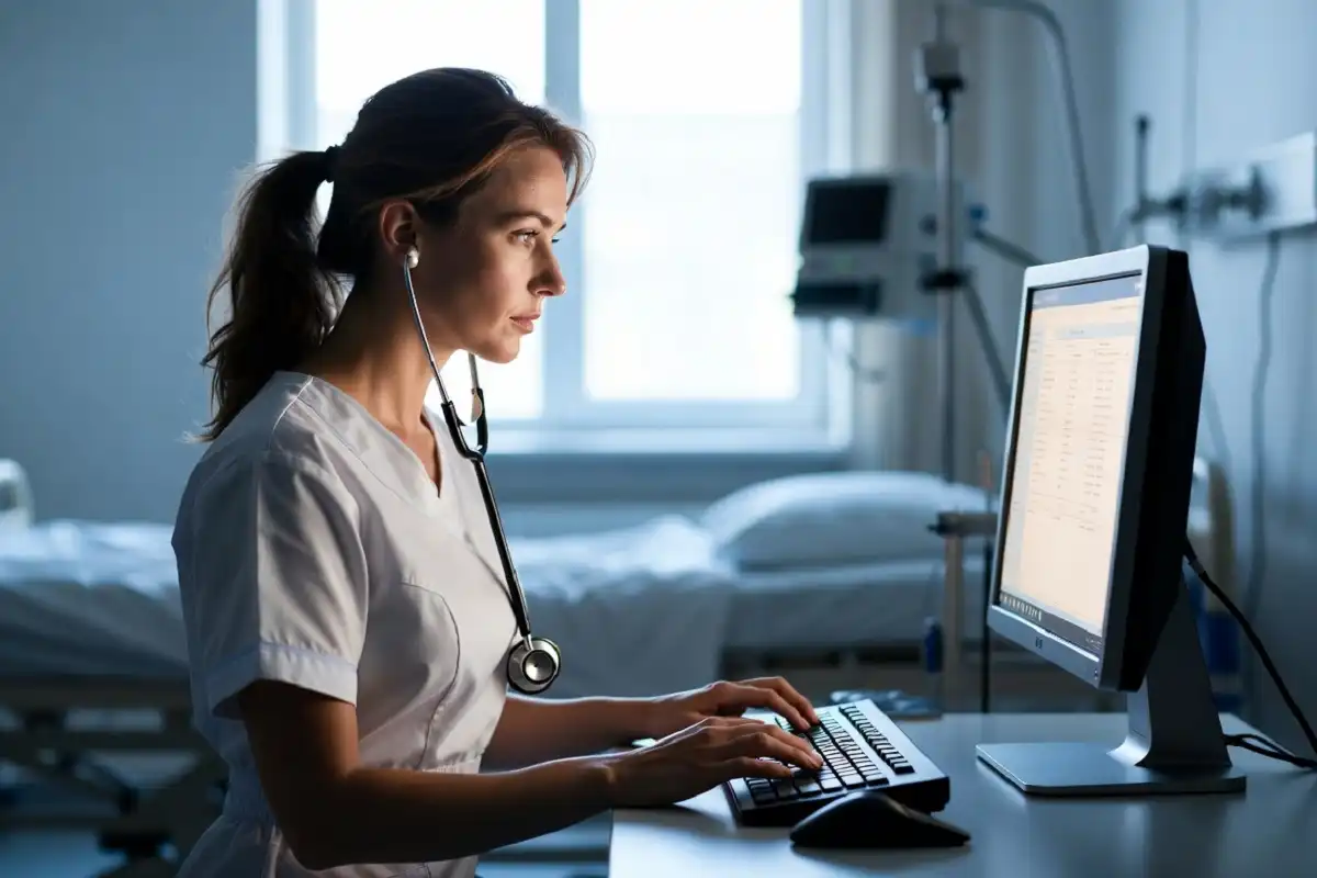 A nurse reviewing records as part of her Sutter Health job
