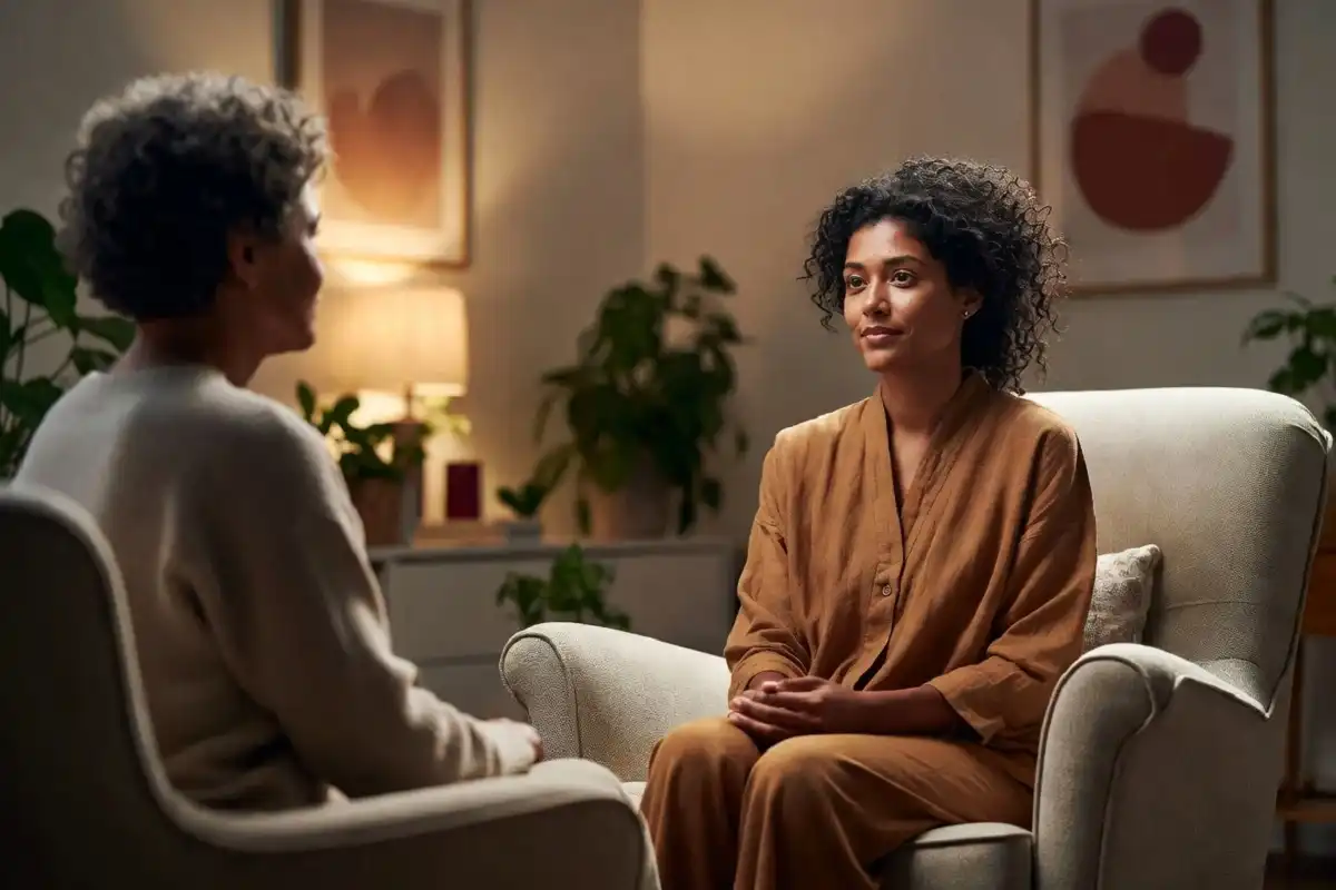 Patient and therapist in a calm mental health therapy session at a Sutter Health clinic