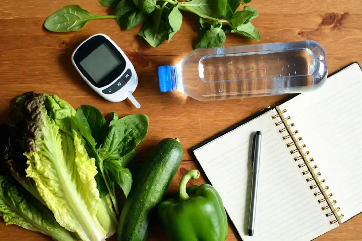 Diabetes awareness concept with glucose meter and healthy food