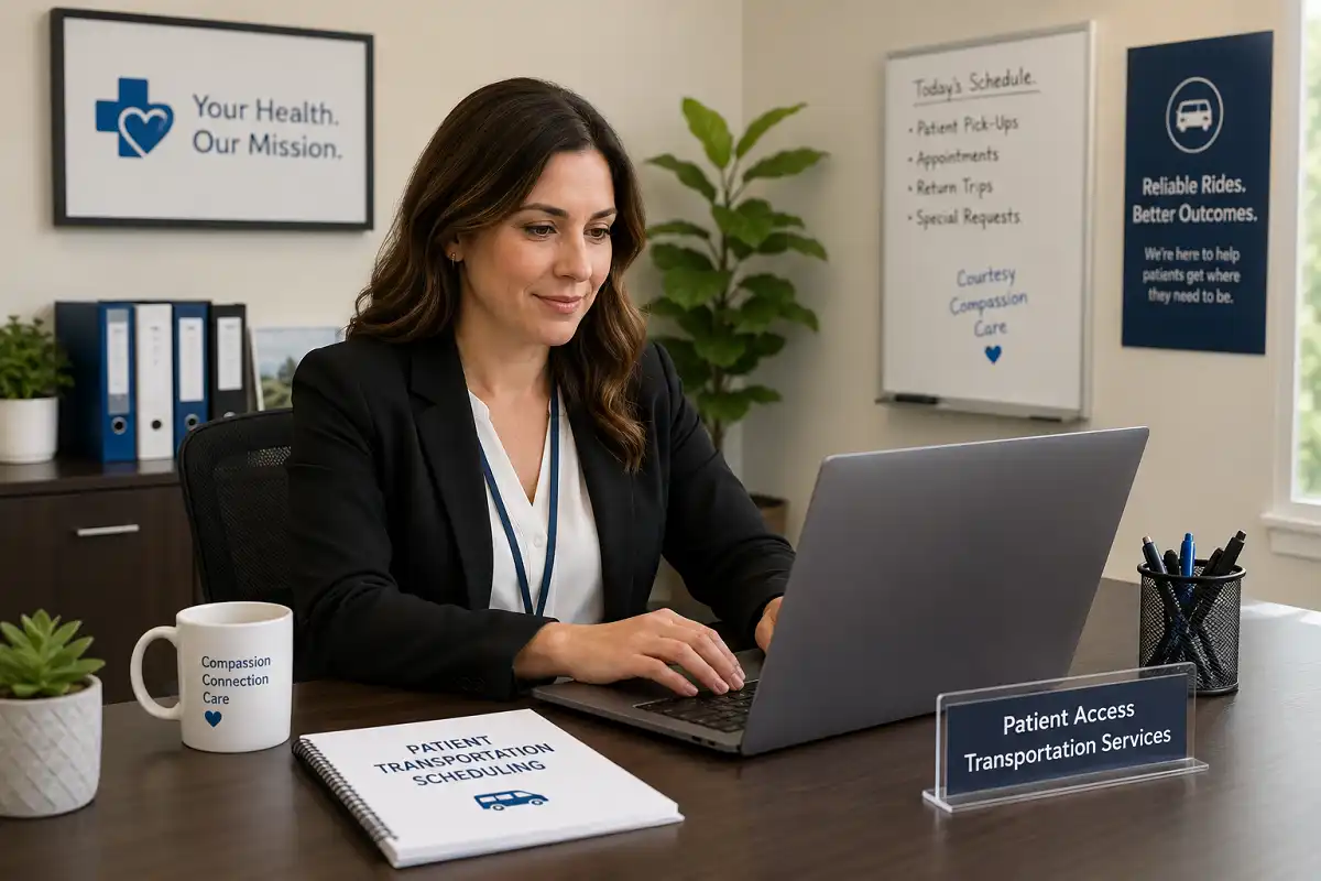 A healthcare provider using a dashboard to schedule a ride for a patient through a medical transport platform