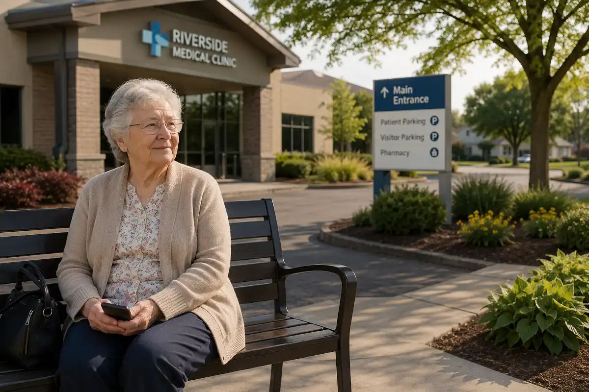 An elderly patient waiting outside a clinic for a scheduled medical transport ride